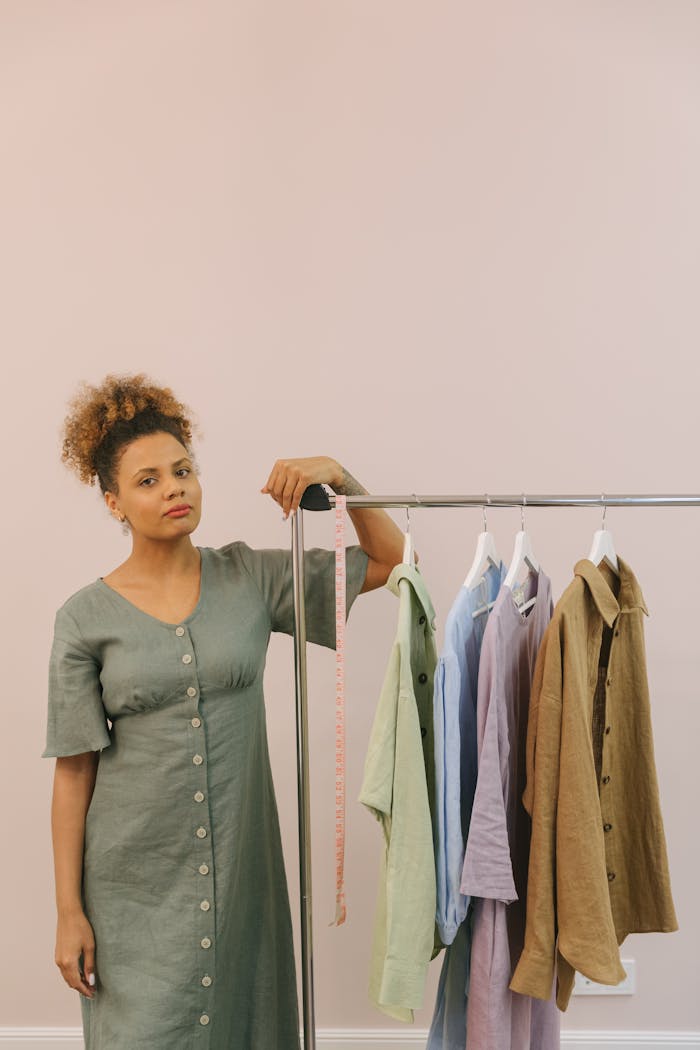 African American woman in studio with clothes rack, holding measuring tape.